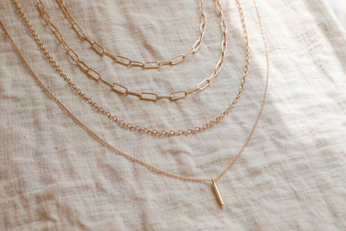 Five chains of increasing length draped over a wooden necklace stand