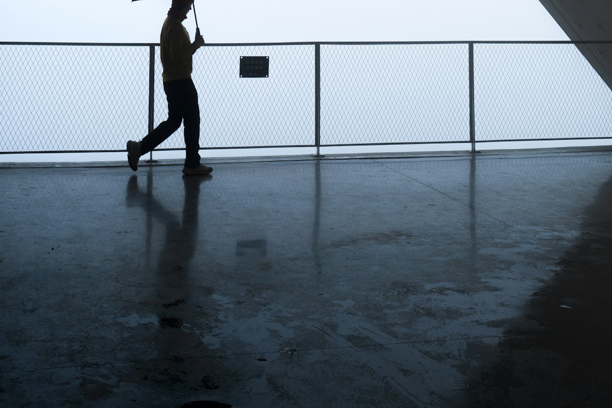 A person walking with a black umbrella across wet pavement